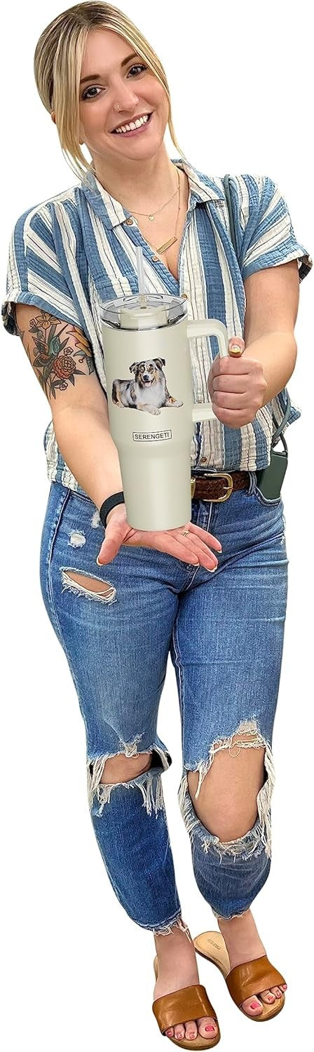 Serengeti 40 Oz Australian Shepherd Stainless Steel Tumbler w Handle, Straw, Lid