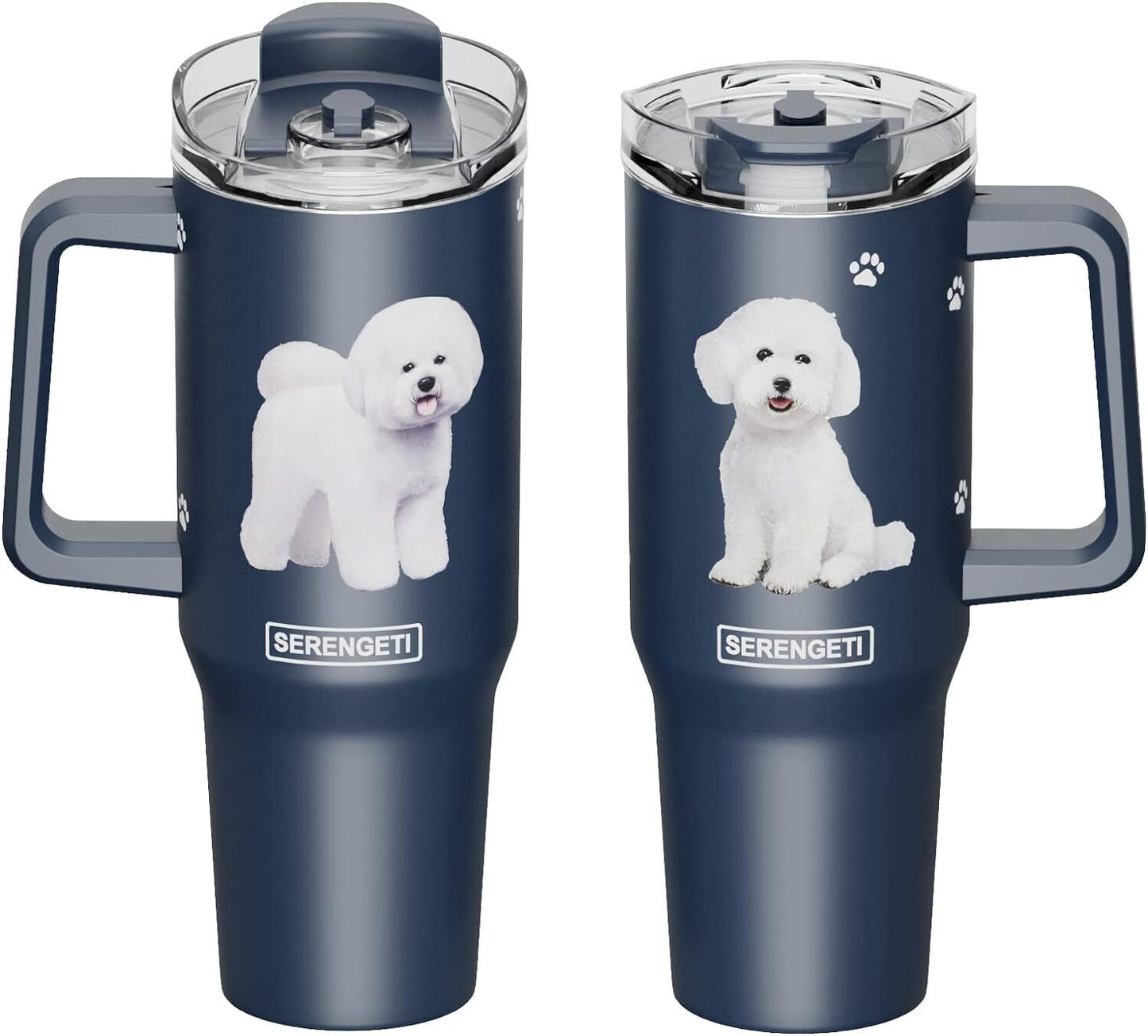 Serengeti 40 Oz Bichon Frise Dog Stainless Steel Tumbler w Handle, Straw & Lid