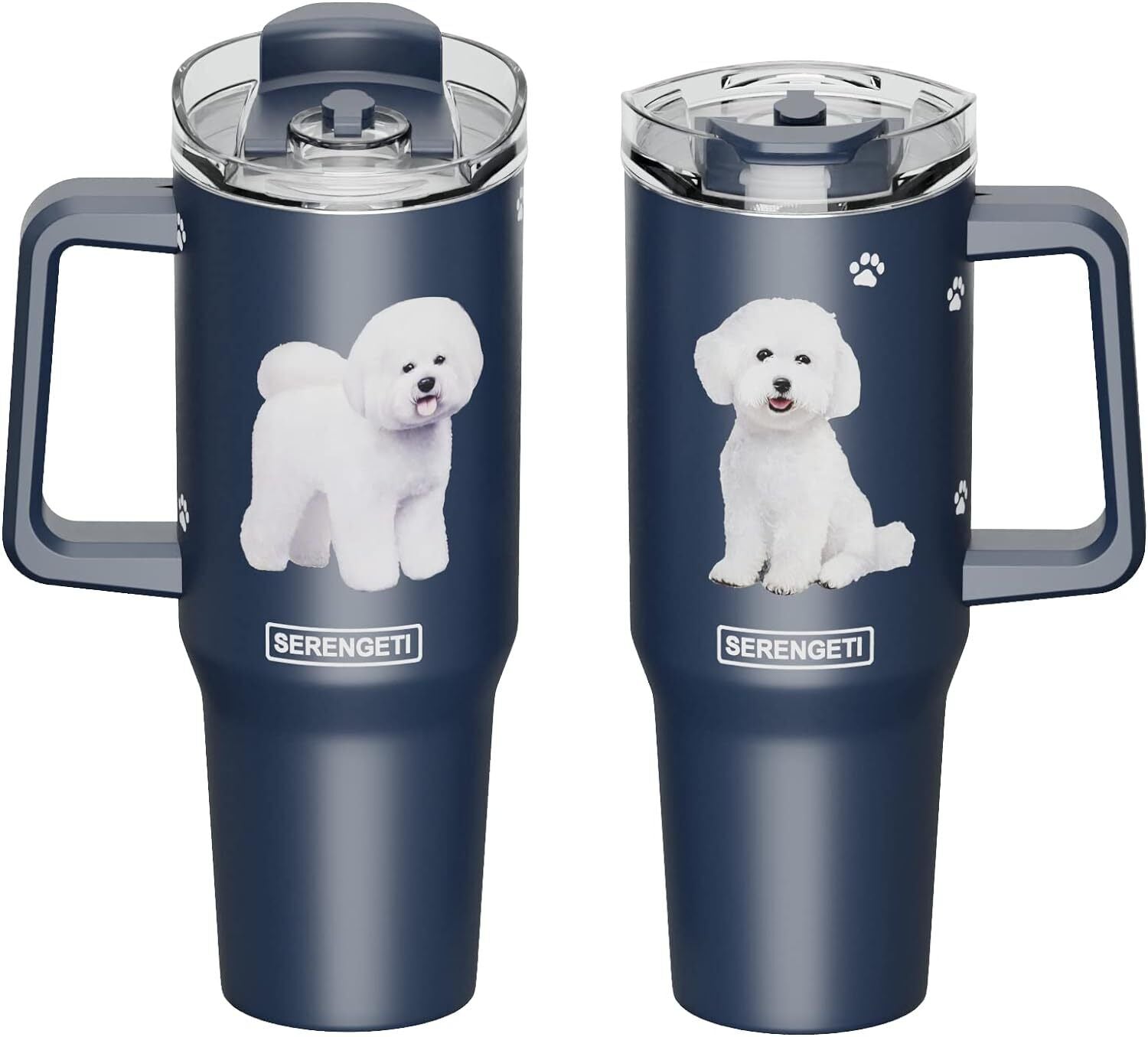 Serengeti 40 Oz Bichon Frise Dog Stainless Steel Tumbler w Handle, Straw & Lid