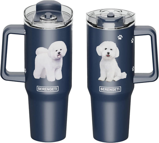 Serengeti 40 Oz Bichon Frise Dog Stainless Steel Tumbler w Handle, Straw & Lid