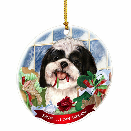 Shih Tzu Black White Santa I Can Explain  Round White Porcelain Hanging Ornament