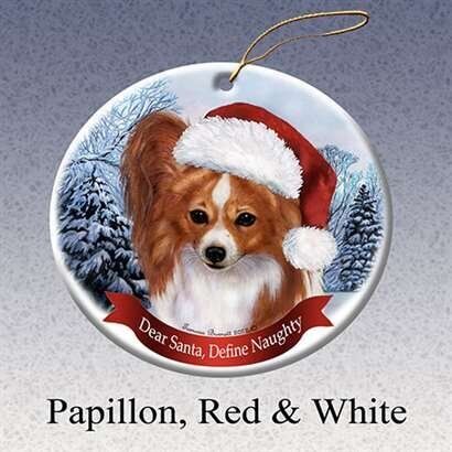 Holiday Pet Gifts Papillon, Red and white Santa Hat Dog Porcelain Ornament