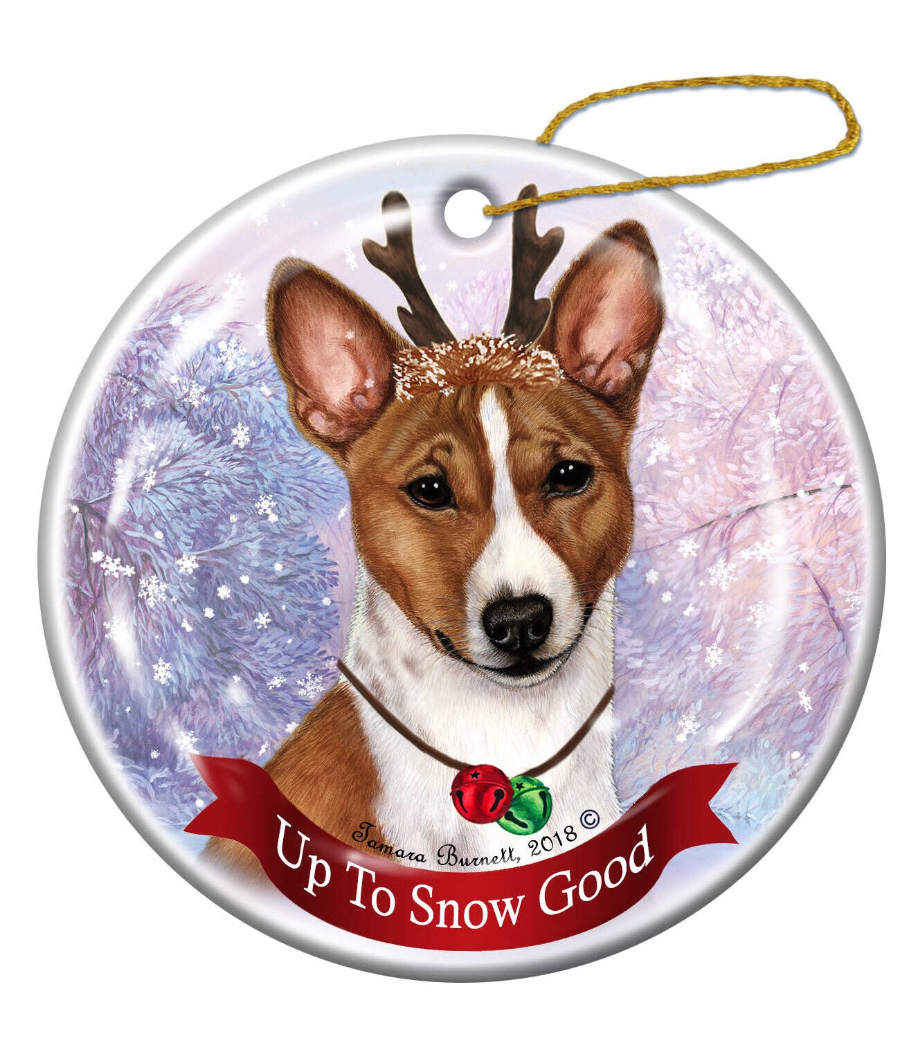 Basenji Red and White Reindeer Dog Porcelain Christmas Ornament