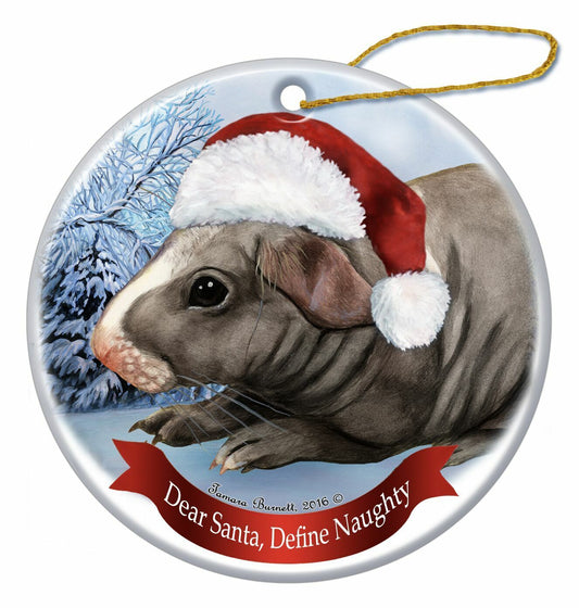 Holiday Pet Gifts Skinny Hairless Guinea Pig Santa Hat Porcelain Ornament