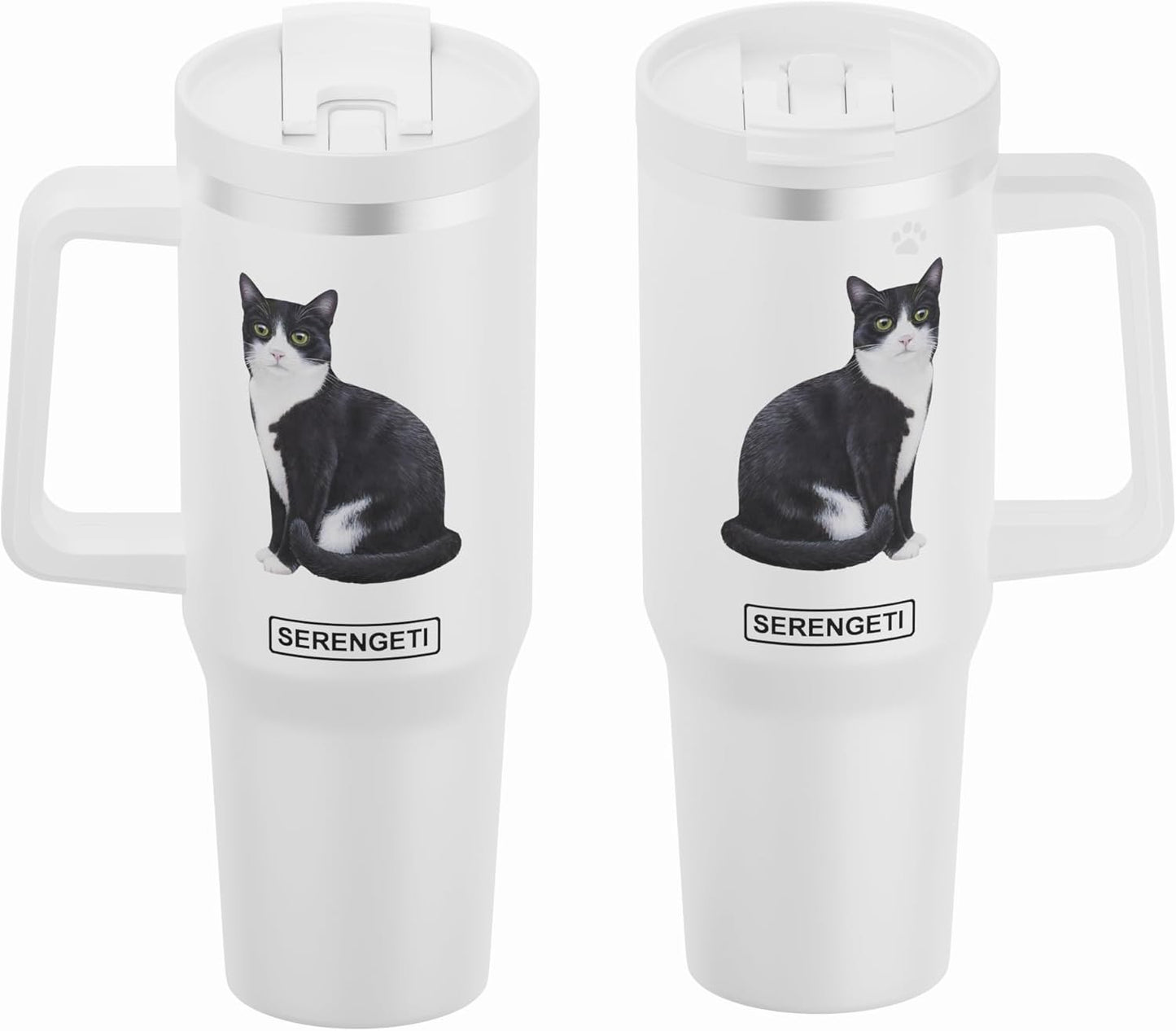 Serengeti 40 Oz Black & White Cat Stainless Steel Tumbler w Handle, Straw & Lid
