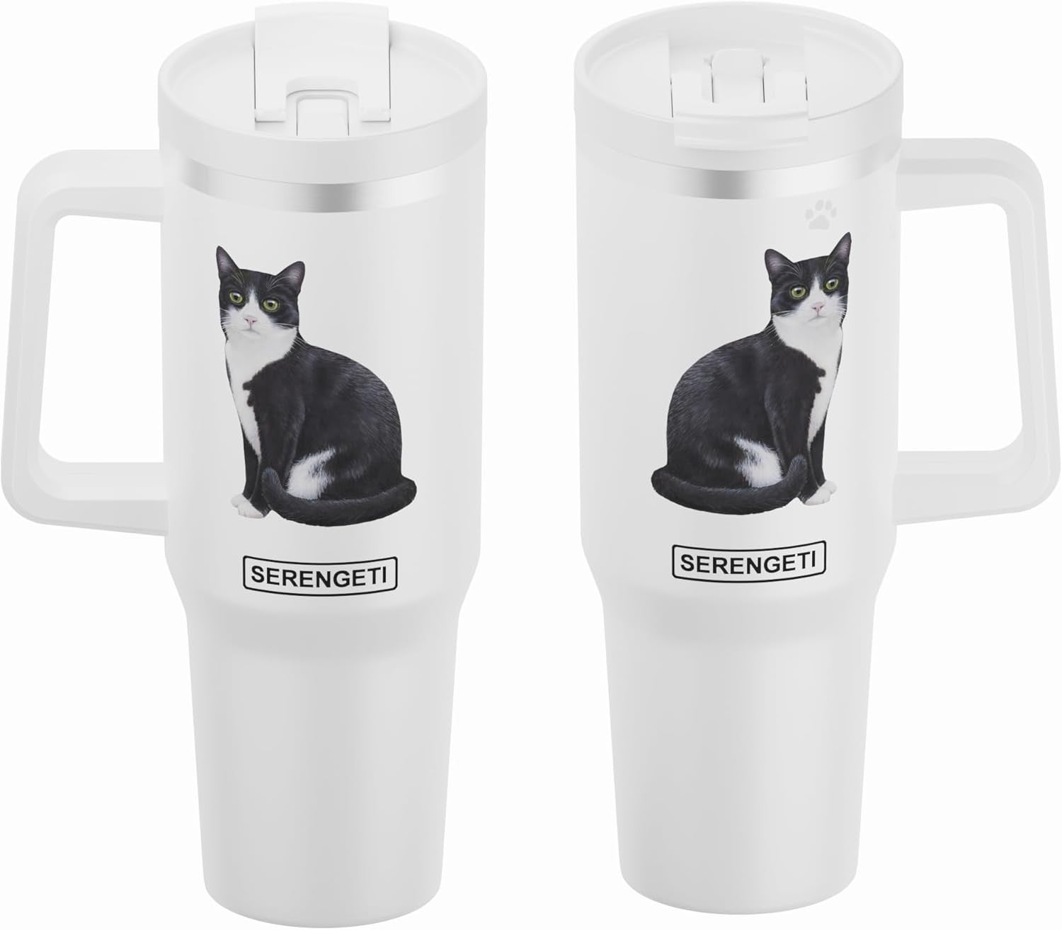 Serengeti 40 Oz Black & White Cat Stainless Steel Tumbler w Handle, Straw & Lid