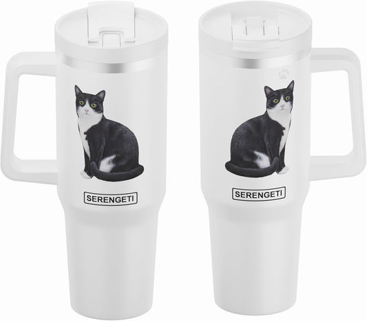 Serengeti 40 Oz Black & White Cat Stainless Steel Tumbler w Handle, Straw & Lid