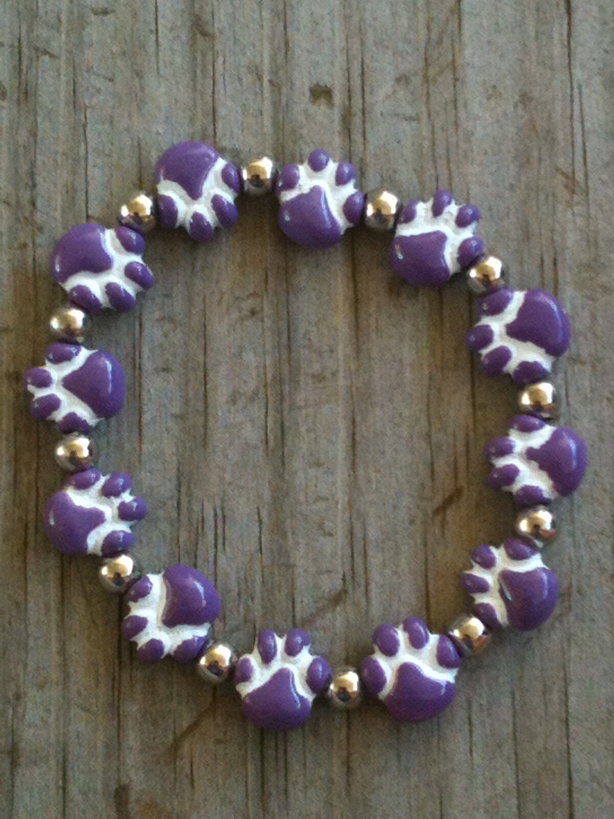 Hand-painted Ceramic Purple Paw Print 6" Stretchy Bracelet