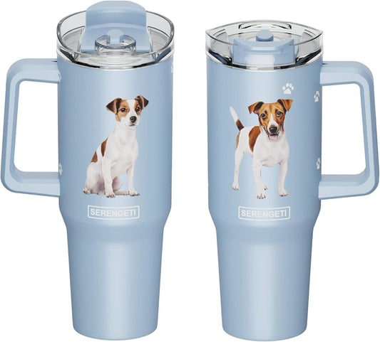 Serengeti 40 Oz Jack Russel Dog Stainless Steel Tumbler w Handle, Straw & Lid