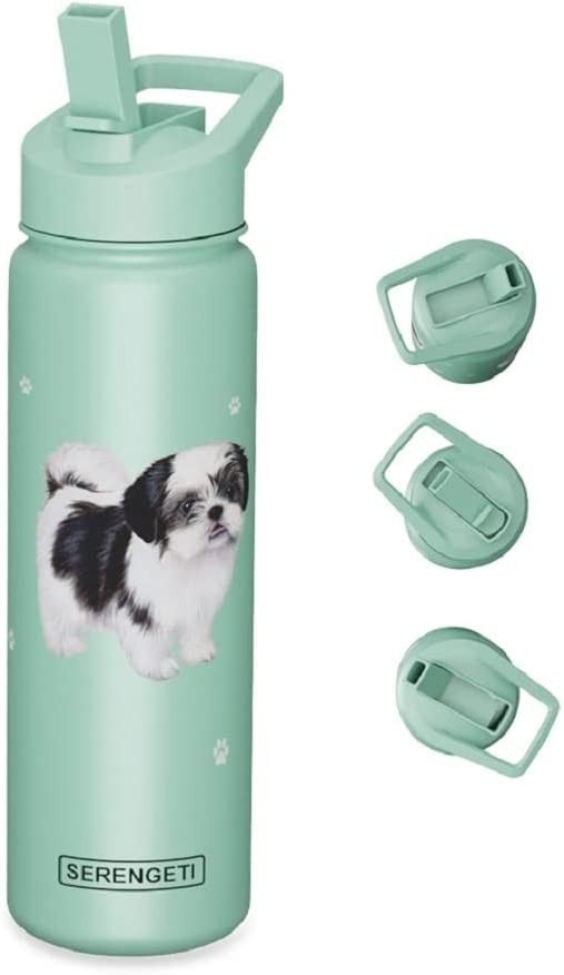 E&S Pets Stainless Steel Water Bottle 24 Oz., Spill Proof (Black/White Shih Tzu)