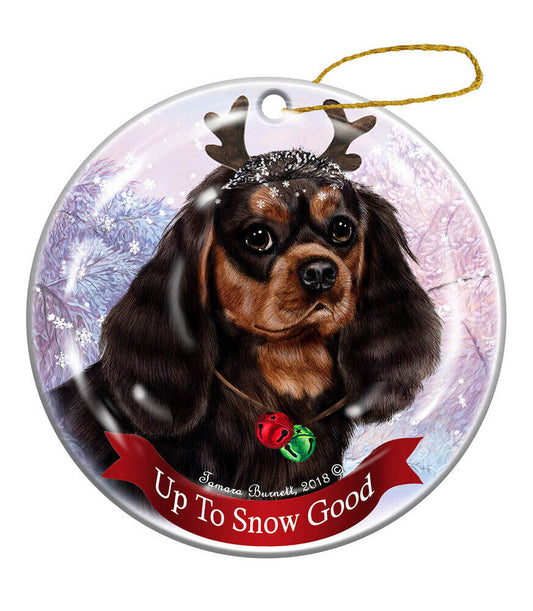 Cavalier King Charles Black/Tan Reindeer Dog Porcelain Christmas Ornament