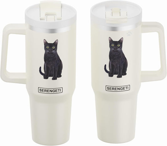 Serengeti 40 Oz Black Cat Stainless Steel Tumbler w Handle, Straw & Lid