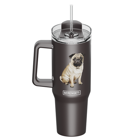 Serengeti 40 Oz Pug Dog Stainless Steel Tumbler with Handle, Straw & Lid