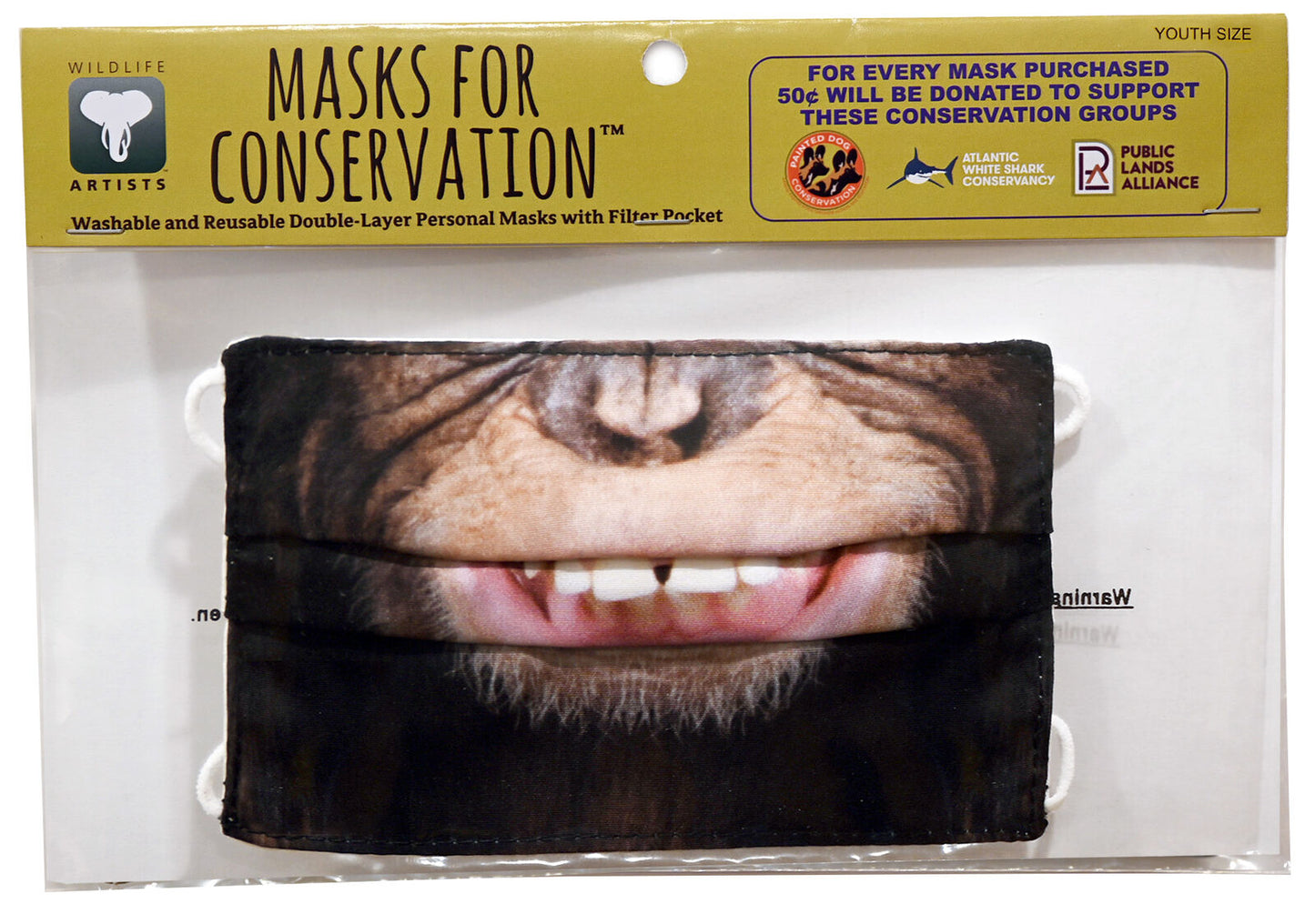 Wildlife Artists Fun Youth Animal Face Masks, Washable, Reusable - Chimpanzee