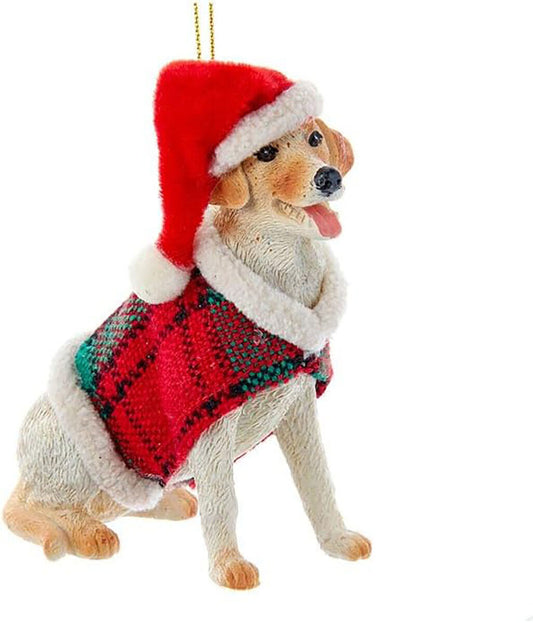 Kurt Adler Yellow Labrador With Plaid Coat and Santa Hat Ornament (D4218GSH)