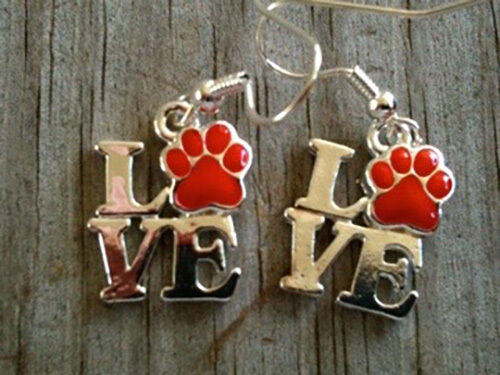 Silver Plated LOVE with Red Hand Enameled Paw Print Earrings