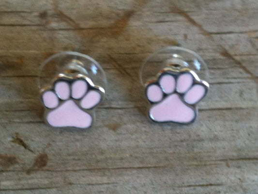 Small Pink Hand Enameled Paw Print Imitation Rhodium Plated Post Earrings