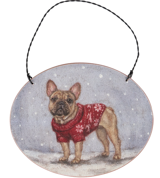 Primitives By Kathy Cozy French Bulldog with Sweater Wooden Christmas Ornament