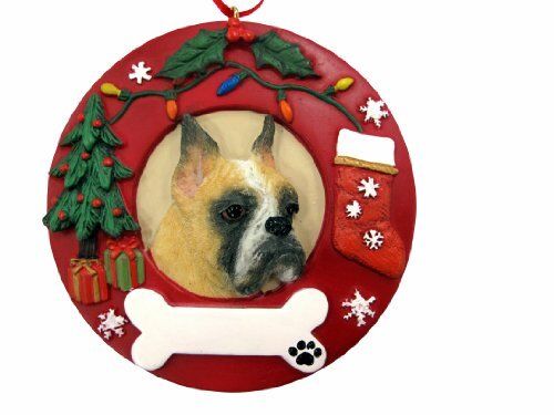 E&S Pets Boxer Cropped Christmas Ornament Wreath Shaped Easily Personalized