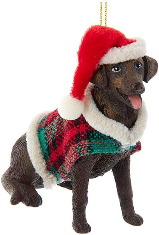 Kurt Chocolate Labrador With Plaid Coat and Santa Hat Ornament (D4218CLB)