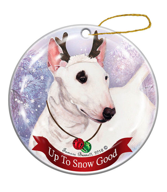 Holiday Pet Mini Bull Terrier White Reindeer Dog Porcelain Christmas Ornament