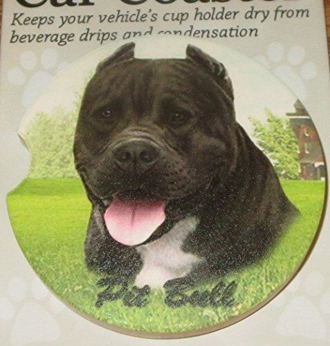 ES Pets Absorbent Stoneware Car Cup Holder Coaster, Black Pit Bull