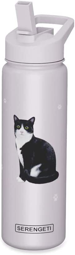 E&S Pets Stainless Steel Water Bottle 24 Oz., Spill Proof (Black & White Cat)