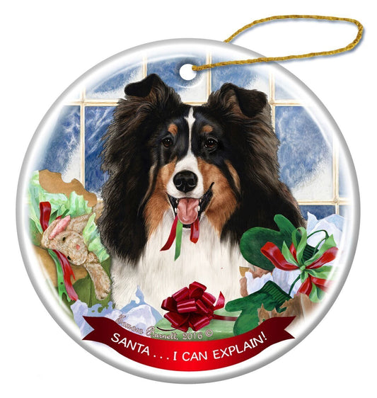 Tri Color Sheltie Dog Porcelain Ornament Pet Gift 'Santa.. I Can Explain!'