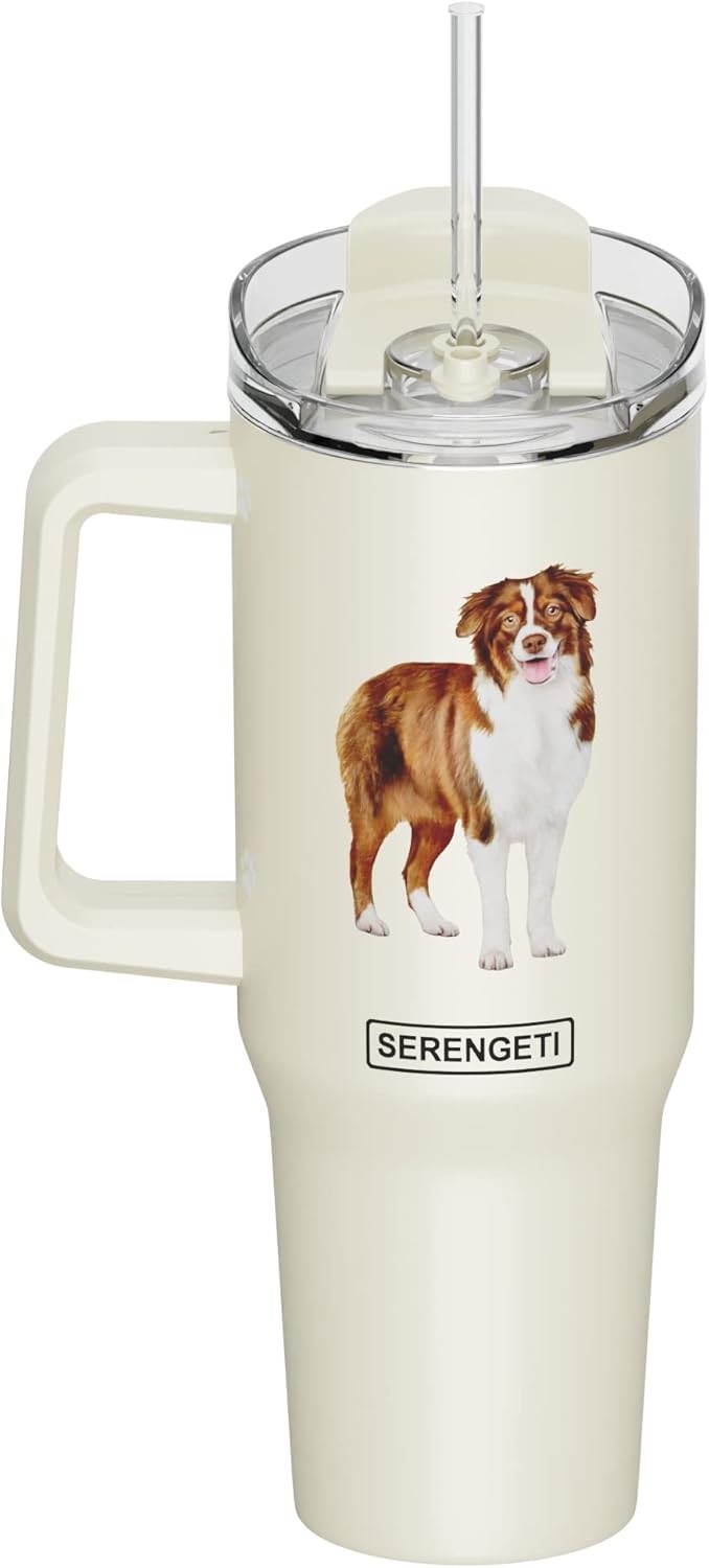 Serengeti 40 Oz Australian Shepherd Stainless Steel Tumbler w Handle, Straw, Lid