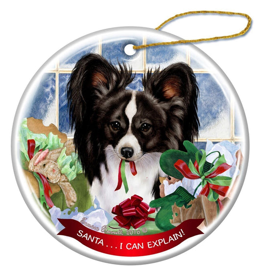 Black and White Papillon Dog Porcelain Ornament Pet Gift 'Santa.. I Can Explain!