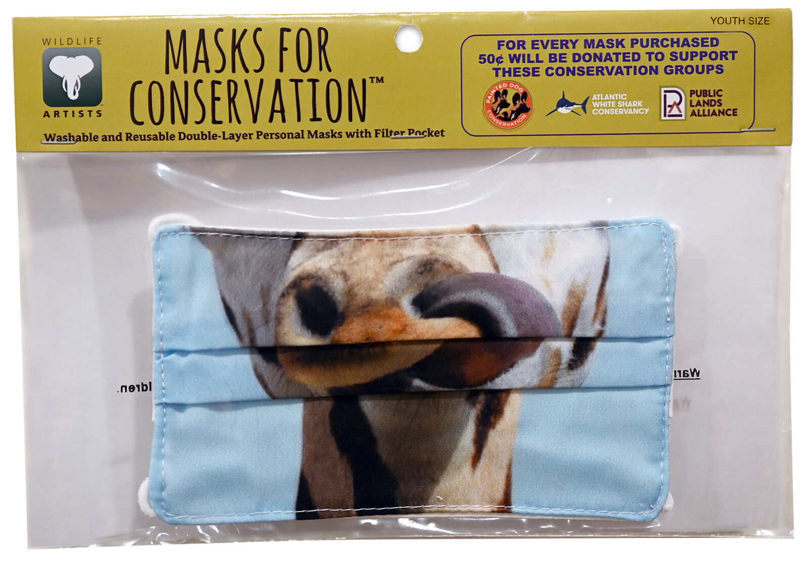 Wildlife Artists Fun Youth Animal Face Masks, Washable, Reusable - Giraffe