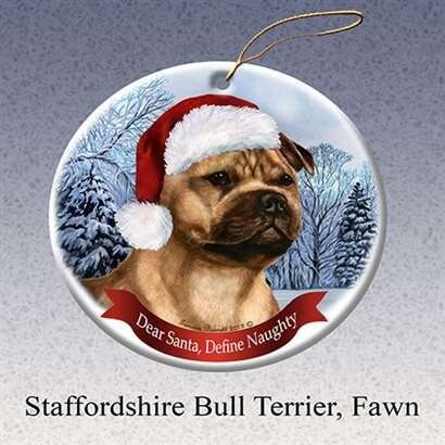 Holiday Pet Gifts Staffordshire (Fawn) Santa Hat Dog Porcelain Ornament