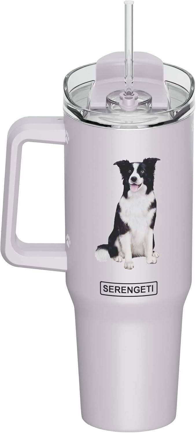 Serengeti 40 Oz Border Collie Dog Stainless Steel Tumbler w Handle, Straw & Lid
