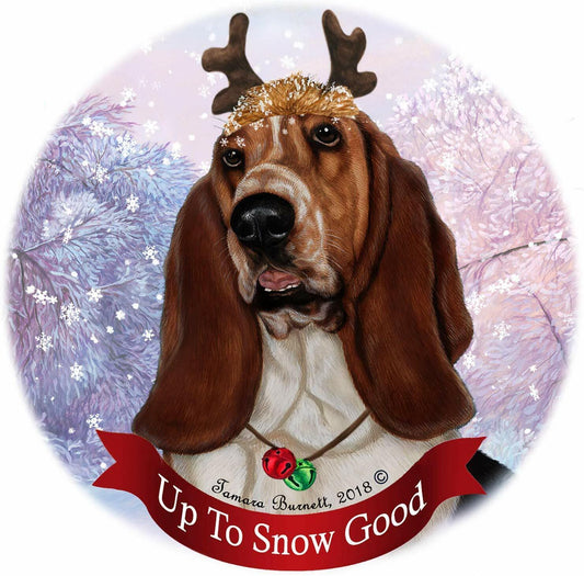 Basset Hound Brown/White Reindeer Dog Porcelain Christmas Ornament