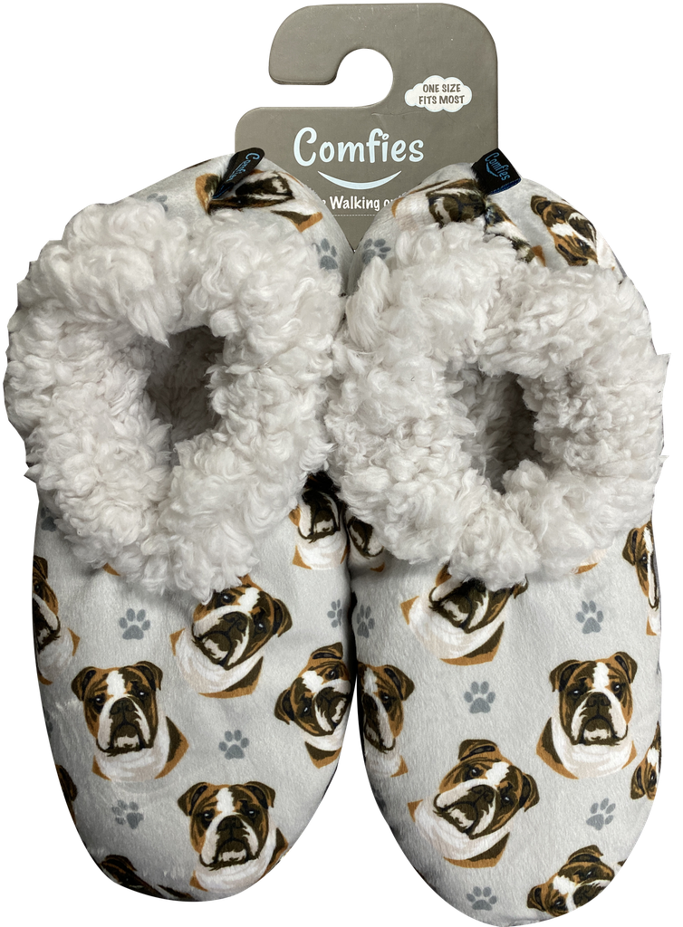 Comfies Womens Bulldog Dog Slippers - Sherpa Lined Animal Print Booties