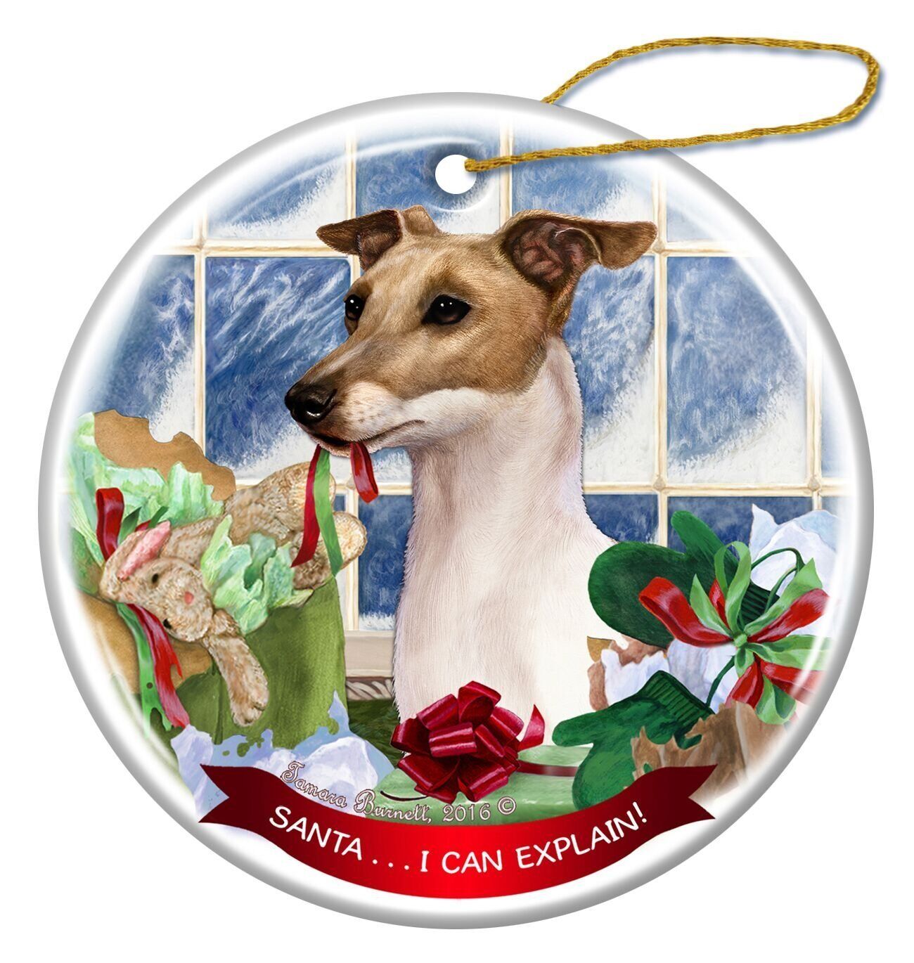 Italian Greyhound Fawn and White Dog Porcelain Ornament 'Santa.. I Can Explain!