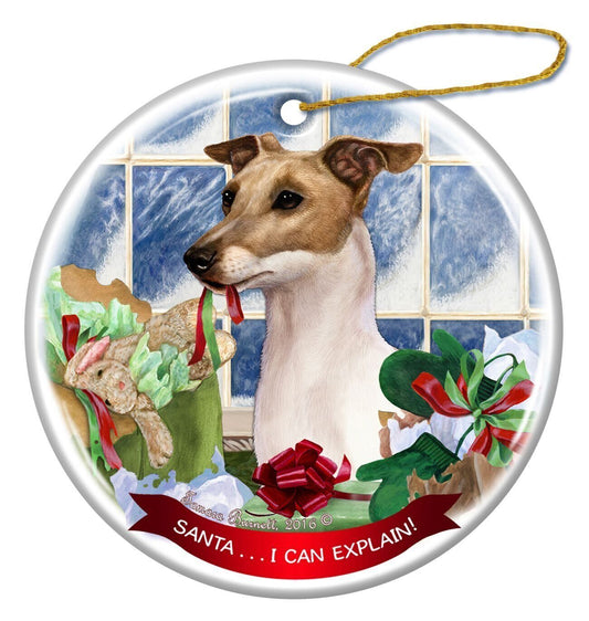 Italian Greyhound Fawn and White Dog Porcelain Ornament 'Santa.. I Can Explain!
