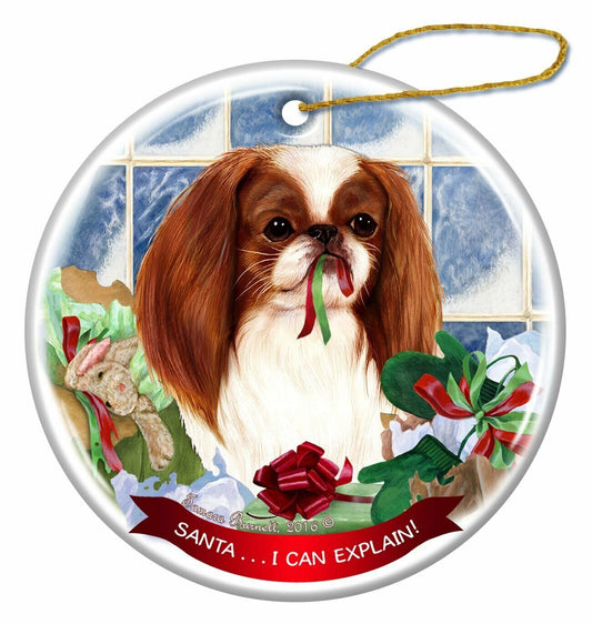 Red and White Japanese Chin Dog Porcelain Ornament 'Santa.. I Can Explain!