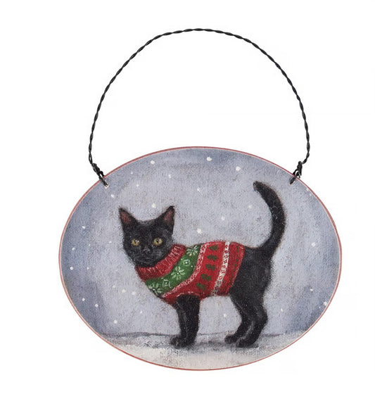 Primitives By Kathy Cozy Black Cat with Sweater Wooden Christmas Ornament