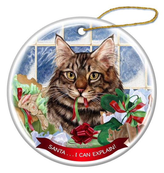Maine Coon Brown Tabby Cat Porcelain Ornament Pet Gift 'Santa.. I Can Explain!'