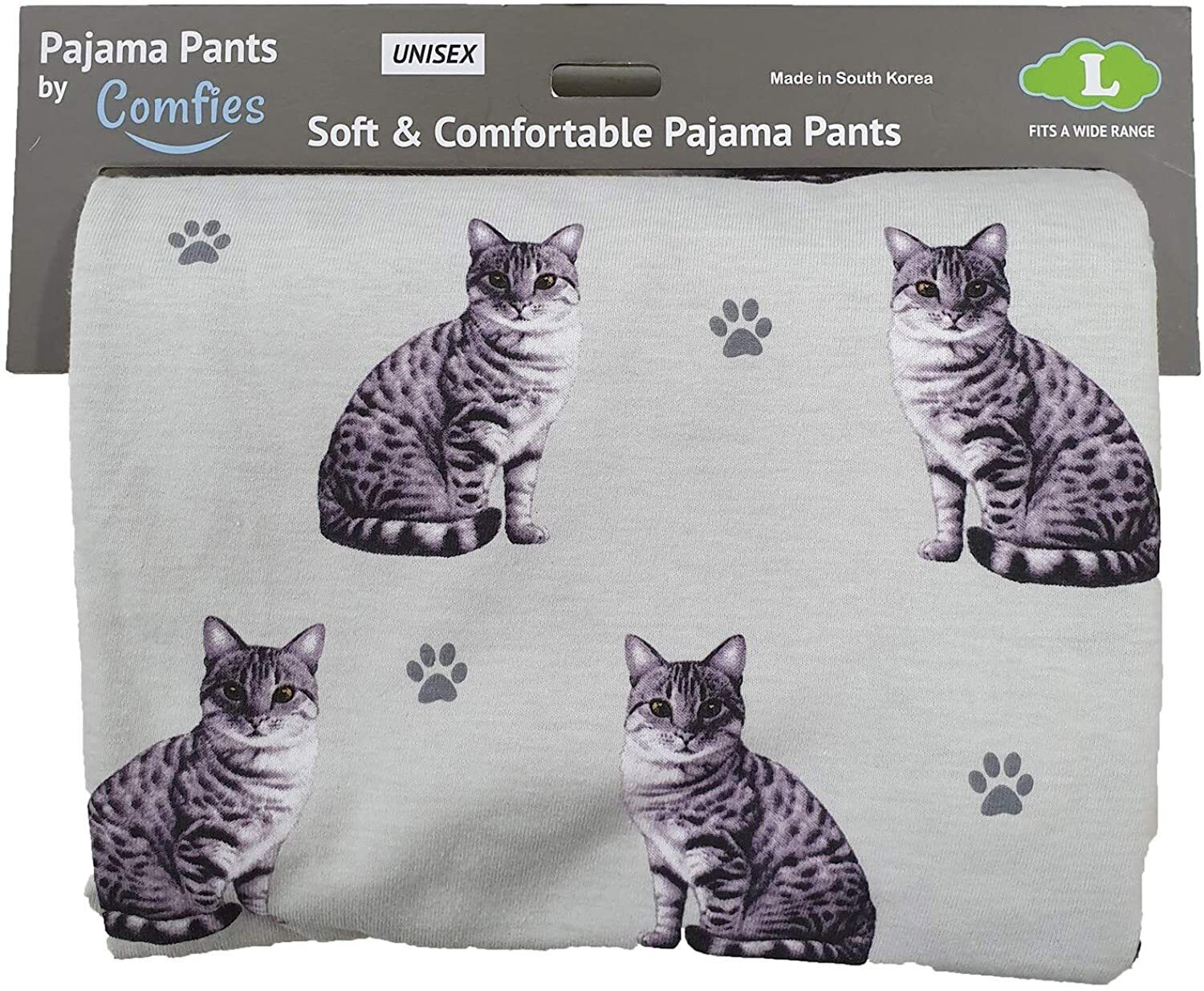 Comfies Unisex Cat Pajama Bottoms with Silver Tabby Cat and Paw Prints (Small)