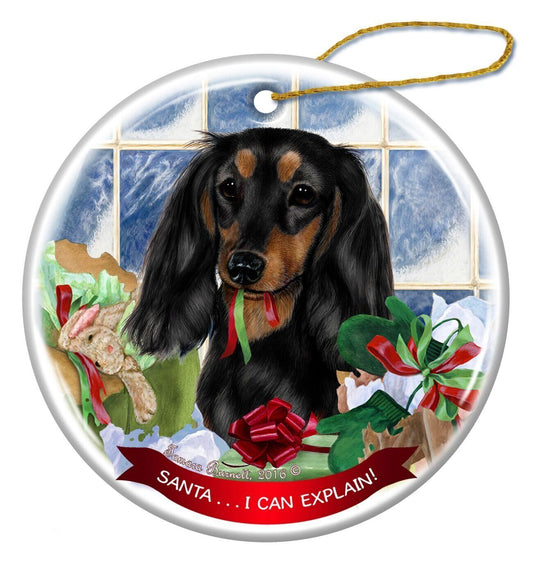 Longhaired Black/Tan Dachshund Porcelain Ornament 'Santa.. I Can Explain!