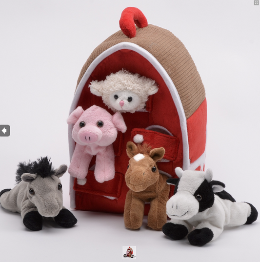 Plush Horse Barn with 5 Farm Animals in Play Carrying Barn Case
