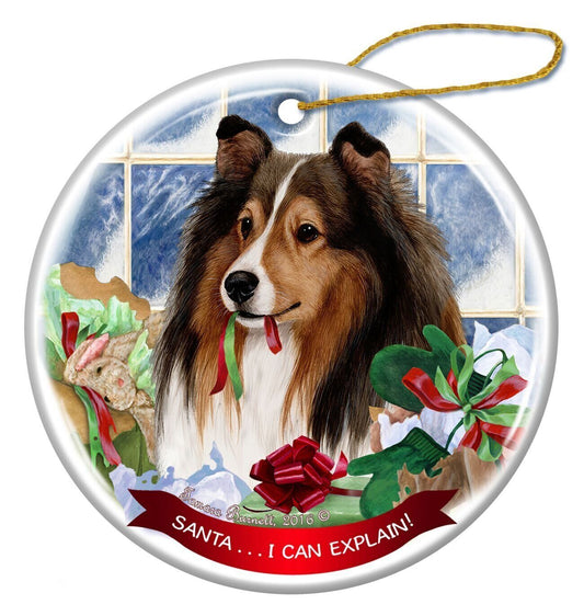 Sable Sheltie Dog Porcelain Hanging Ornament Pet Gift 'Santa.. I Can Explain!'