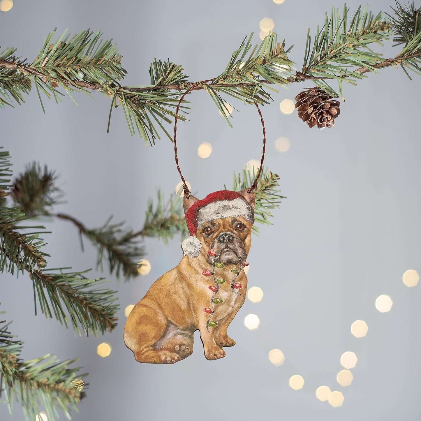 Primitives By Kathy French Bulldog with Santa Hat Wooden Christmas Ornament