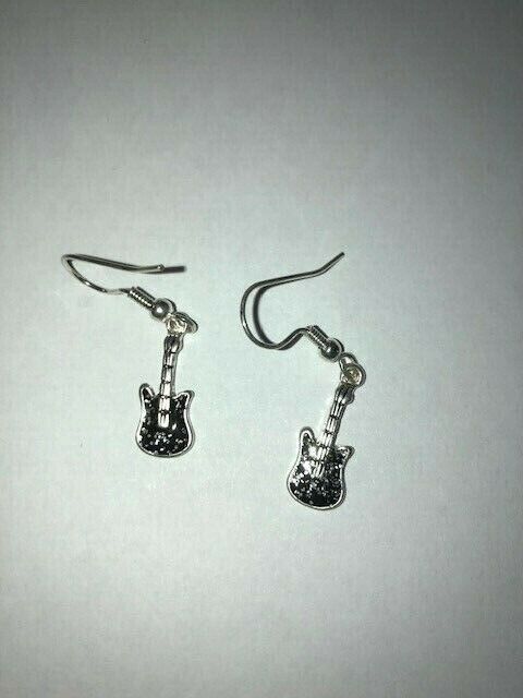 Electric Guitar Black Enamel 3D Silver Plated Lead Free Pewter Music Earrings