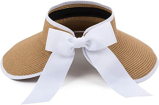 Straw Summer Sun Visor Beach Hat Wide Brim with Bow Adjustable (White)