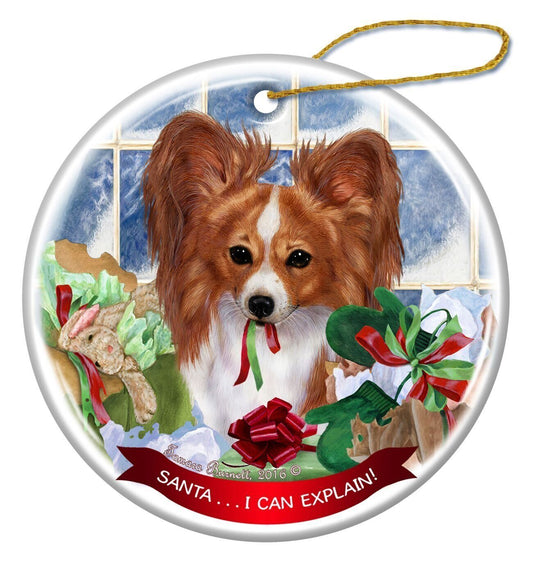 Red and White Papillion Dog Porcelain Ornament Pet Gift 'Santa.. I Can Explain!'