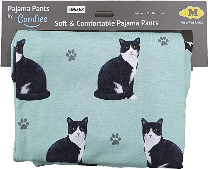 Comfies Unisex Cat Pajama Bottoms with Black and White Tuxedo Cat (Large)