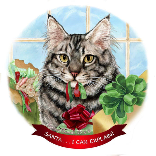 Maine Coon Silver Tabby Cat Porcelain Ornament Pet Gift 'Santa.. I Can Explain!